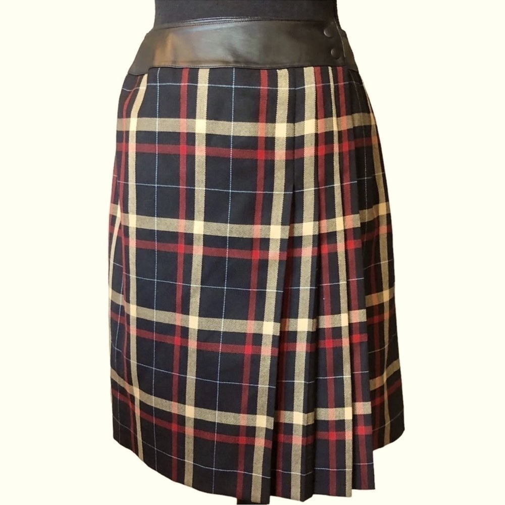 Anne Klein Worsted Wool Pleated Plaid Wrap Skirt with Leather Waistband SZ 6